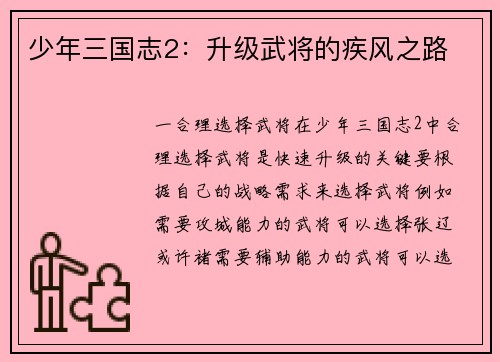 少年三国志2：升级武将的疾风之路